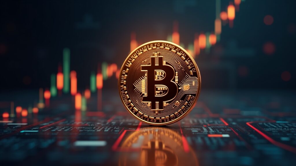 Bitcoin centered with ascending charts and a digital M2 flow forming a halo, on an editorial-style background.