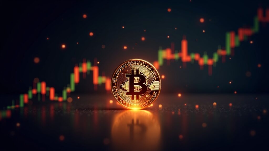 Crypto header with a realistic Bitcoin, rising charts and digital glow, 97% in profit.