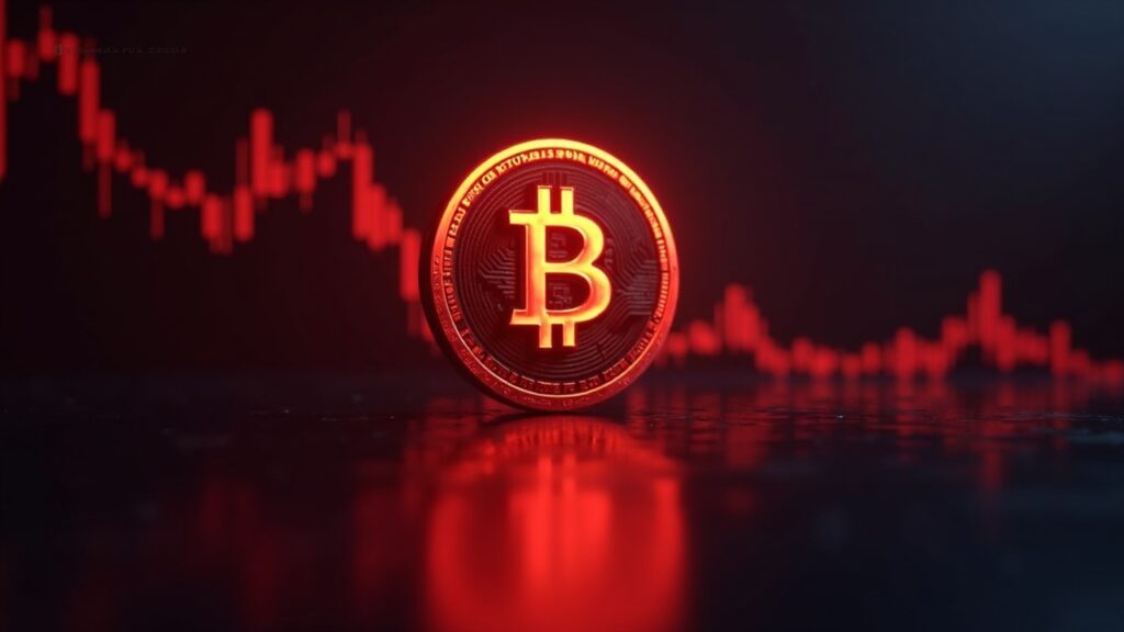Bitcoin logo in the center, red downward chart, RSI and Bollinger overlays, newsroom-style lighting.