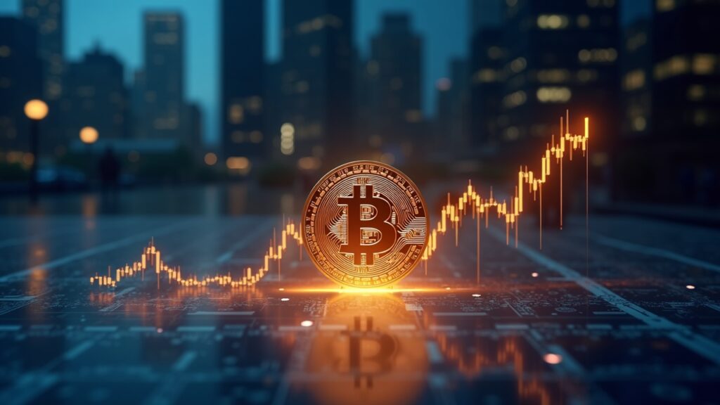Bitcoin symbol over an upward holographic chart with bullish flags, newsroom lighting and a financial background