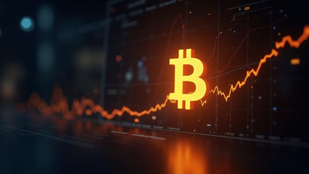 Crypto news scene with dominant Bitcoin logo over a 60% chart and silhouettes of altcoins fading.