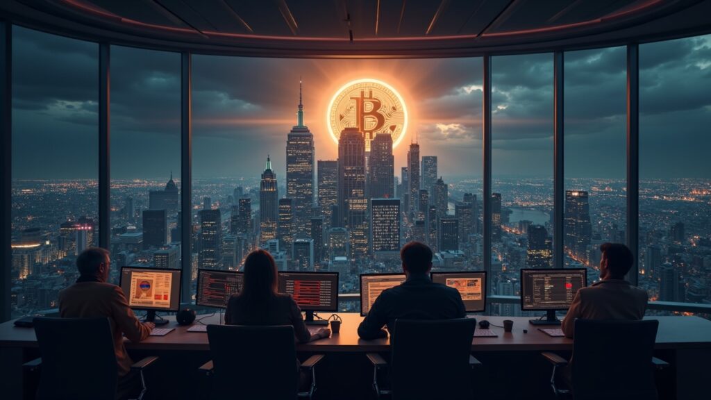 Photorealistic crypto header: Bitcoin dominates DOGE and TRUMP, trading screens and on-chain data toward Q4.