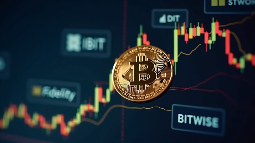 Bitcoin rising over a digital chart with ETF logos in the background, indicating institutional flows.