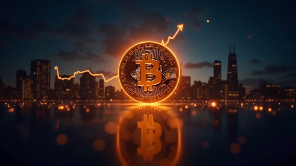 Realistic Bitcoin icon at the center, with a bullish chart and silhouettes of skyscrapers evoking BlackRock, Fidelity and ARK.