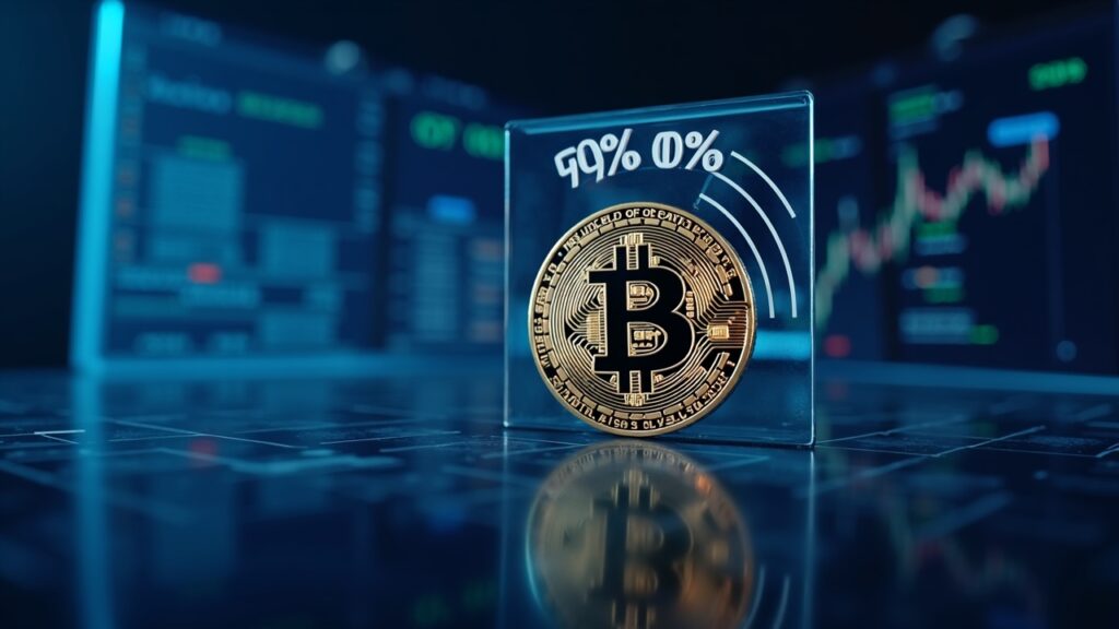 Large Bitcoin coin in the center, 99% Fed cut gauge, trading screens and blue newsroom-style glow.