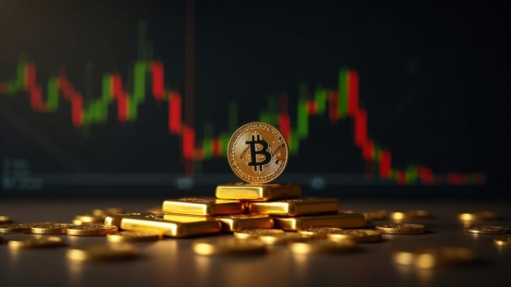 Bitcoin on gold bars and a volatility chart, newsroom lighting and institutional adoption