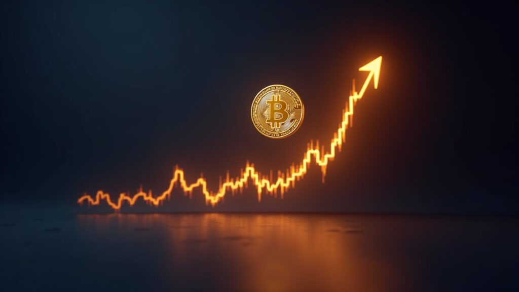 Bitcoin symbol rises over a glowing price chart breaking key resistance in a sleek newsroom setting.