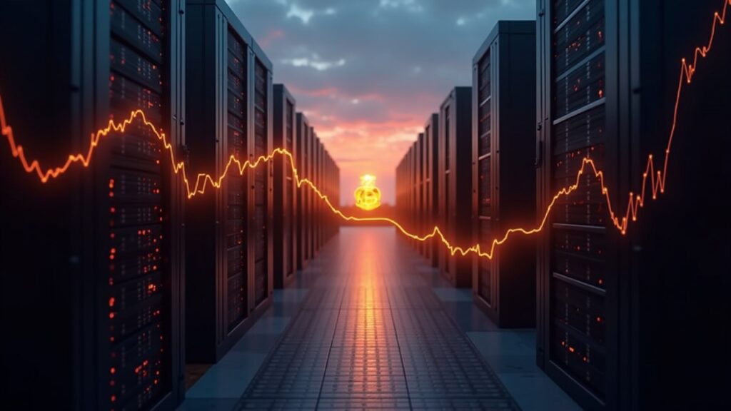 Modern Bitcoin mining farm with ASIC racks, twilight lighting and a downward chart next to the Bitcoin symbol.