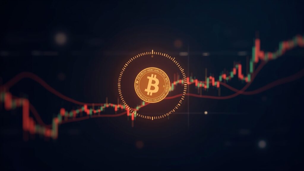 Bitcoin symbol in the center with a price chart and the MVRV metric around 110k, crypto editorial style.