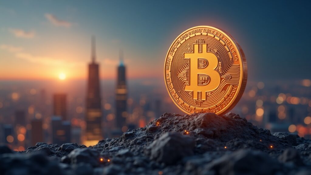 Bitcoin symbol rises over a modern city skyline with a Fed rate-cut chart and October calendar, signaling bullish momentum.