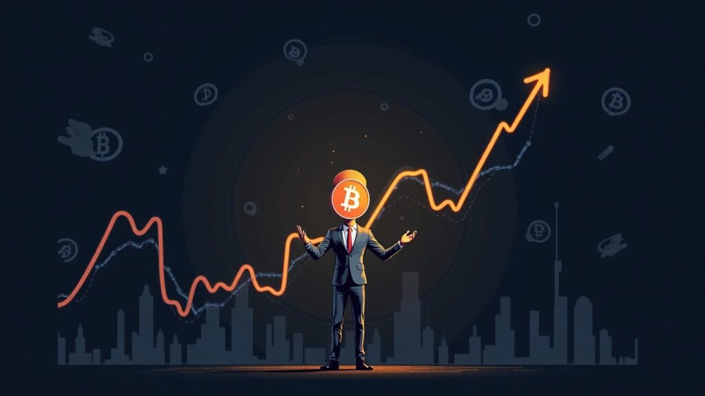 Professional investor at the center, dynamic Bitcoin price chart and blockchain glyphs, crypto news style.