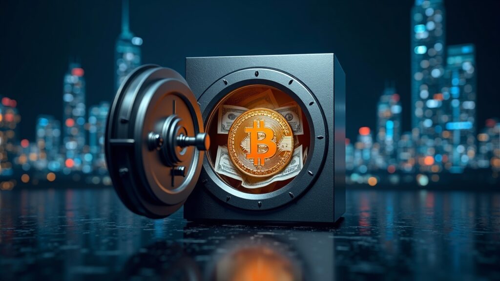 A Bitcoin vault opens to reveal convertible notes, against a Nasdaq skyline and digital charts.
