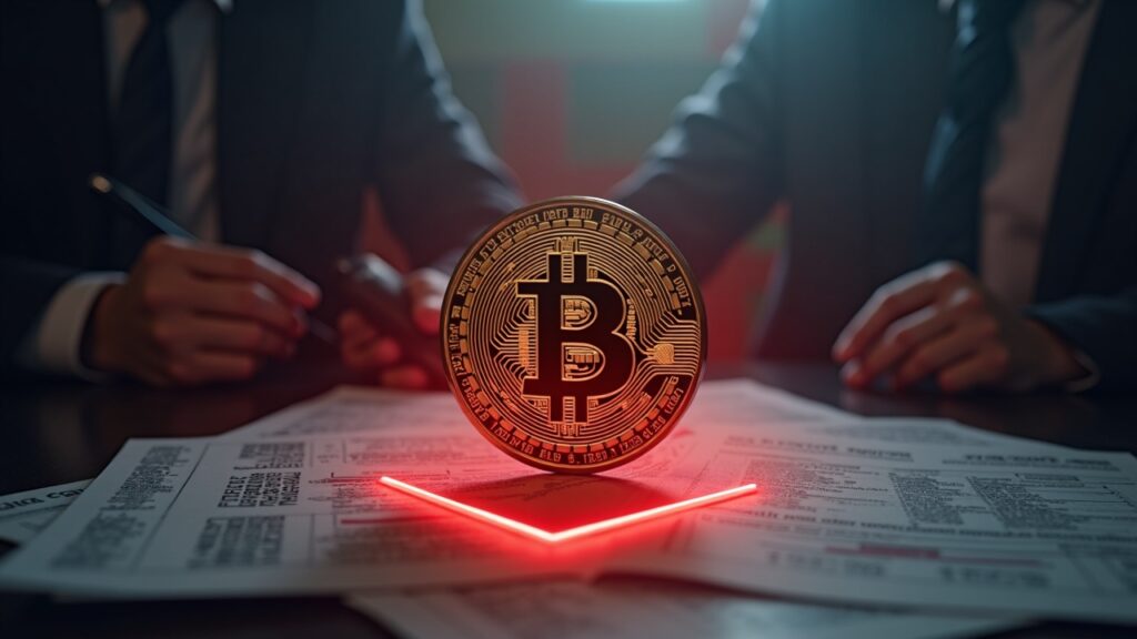 Bitcoin at center with a red downward arrow, tariff documents, and a Trump silhouette in a newsroom.