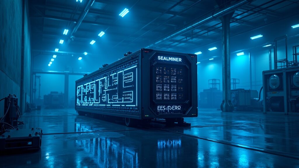 SEALMINER rig from Bitdeer in a high-tech mining facility, with energy centers and cooling in the background.