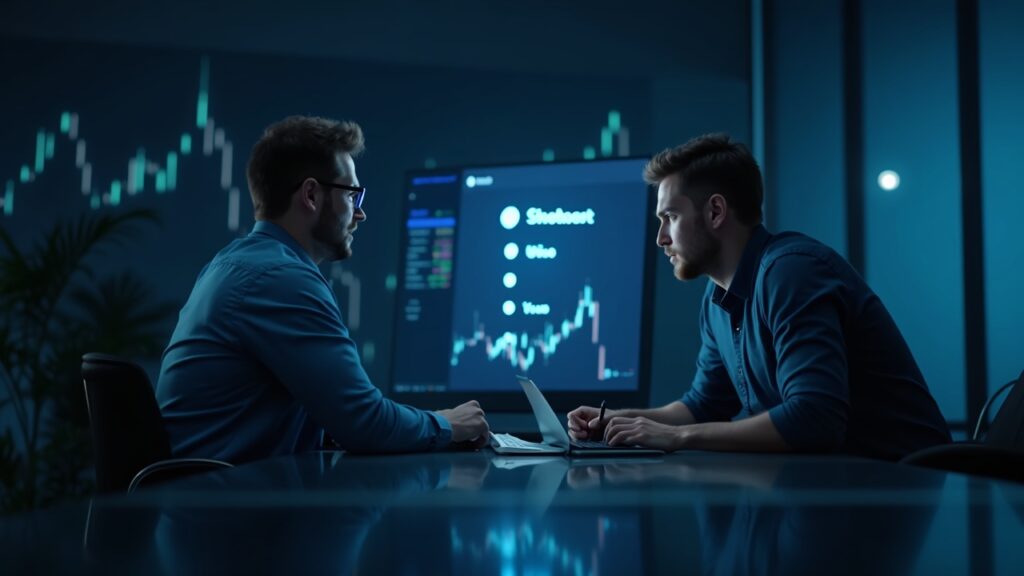 Bitwise CIO in front of a glass desk, three questions shine on a screen, crypto charts in the background