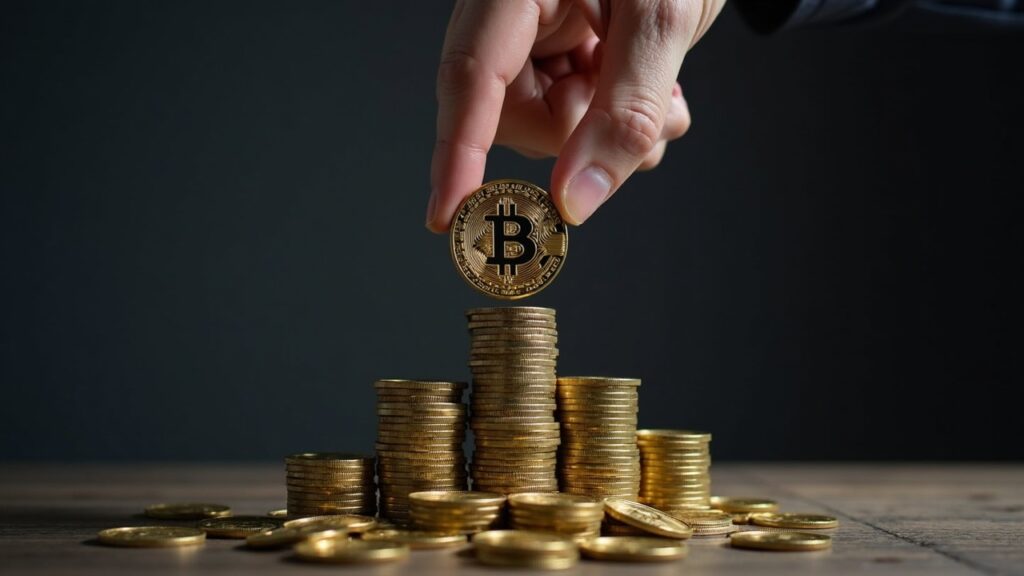 BlackRock keeps to its plan even as Bitcoin ETFs look shaky Figure of a firm corporate hand over fragile digital blocks, symbolizing resilience and risk in Bitcoin ETFs