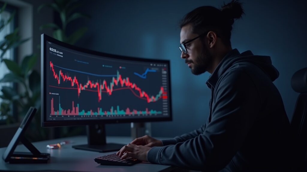 Crypto trader in front of a BNB chart with a double top and a downward red arrow.