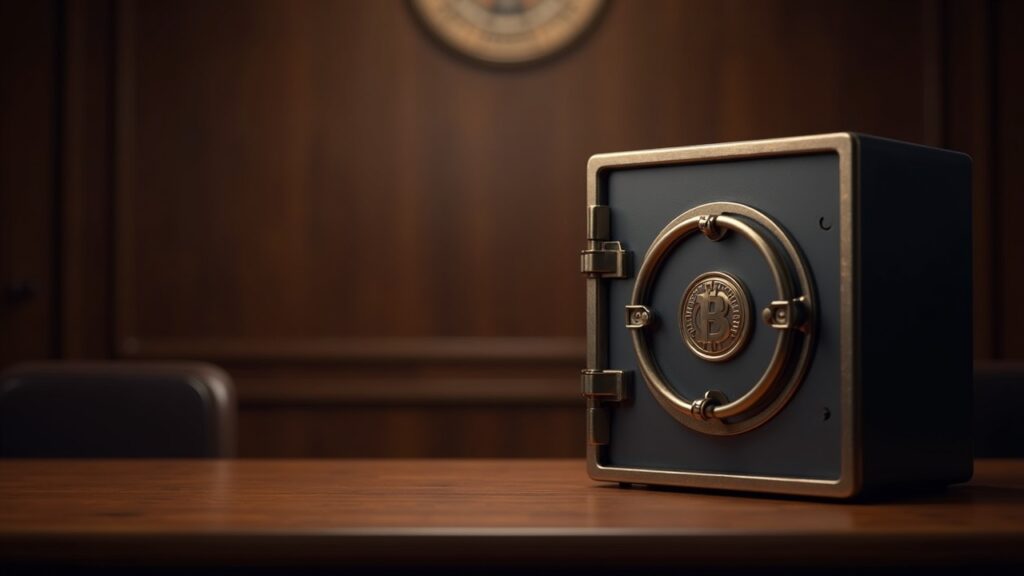 Photorealistic courtroom scene featuring a secure crypto vault and ERC-20 logos, linked to Bombay High Court custody ruling.
