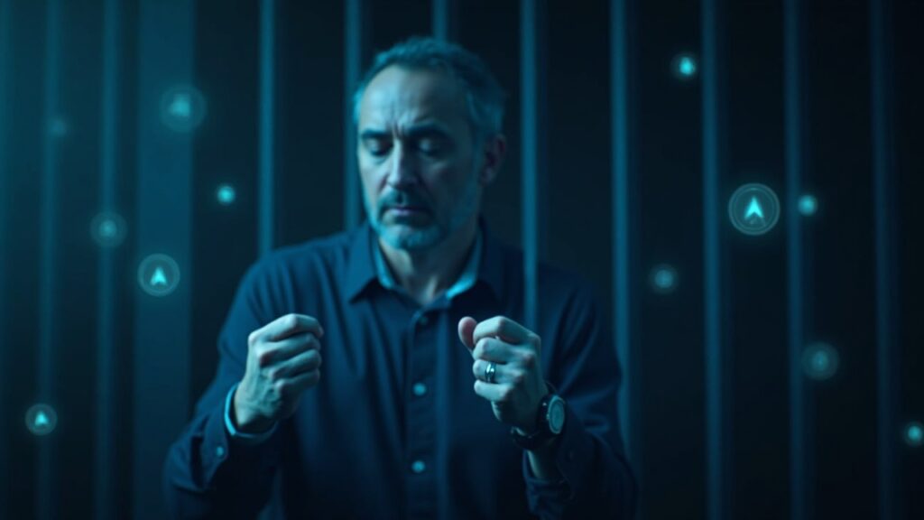 British prisoner behind bars with floating crypto logos and a blue ledger hologram in a newsroom style.