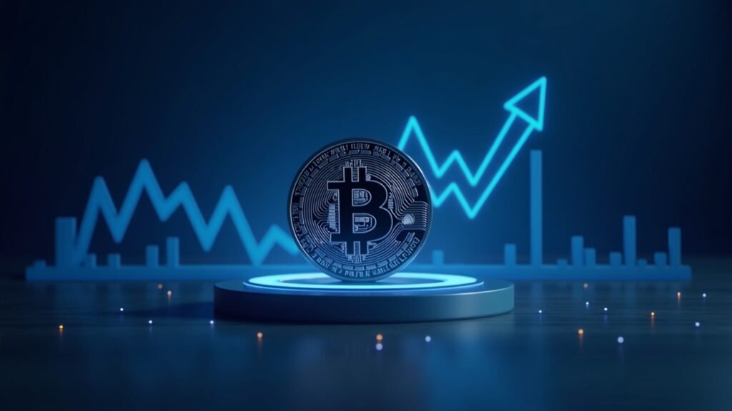 Photorealistic Bitcoin coin next to a price chart with institutional flow arrows and a halving motif.