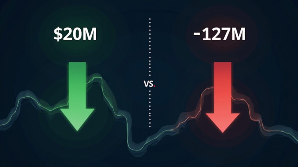 Bitcoin ETFs See $20M Inflows While Ethereum Suffers Heavy $127M Outflows Crypto trading scene: BTC ETF +$20M (green) vs ETH ETF -$127M (red) amid U.S.-China tensions.