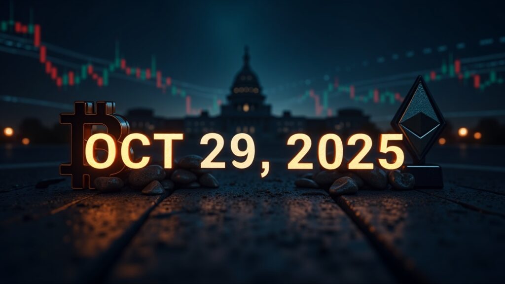 Bitcoin and Ether Brace for $17 Billion Crypto Options Expiry Amid Fed Meeting Photorealistic header with BTC and ETH, countdown to Oct. 29, 2025 and silhouette of the Fed.