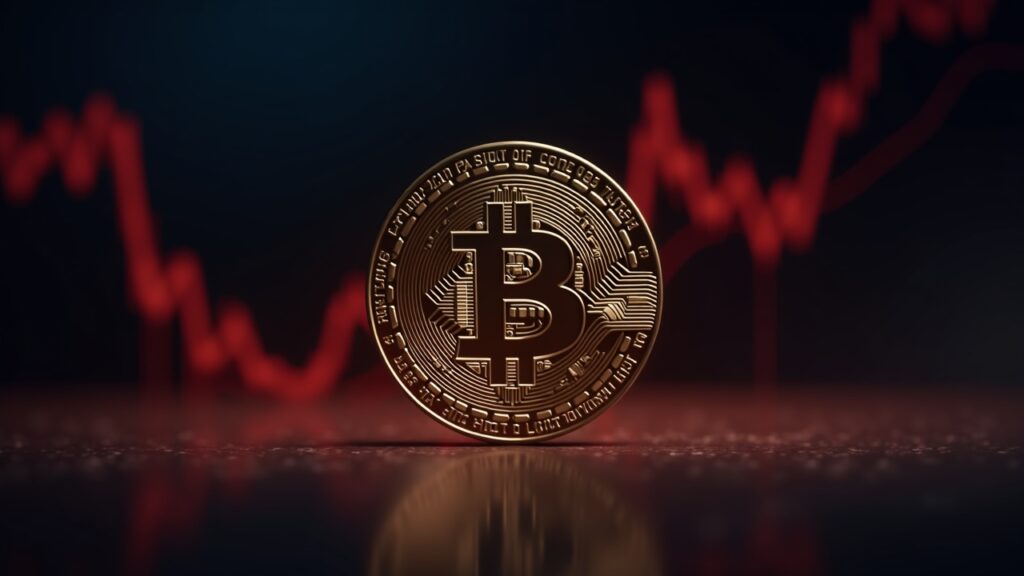 Bitcoin in center, stock chart in the background with a sharp drop and leveraged liquidations in red illustrating volatility