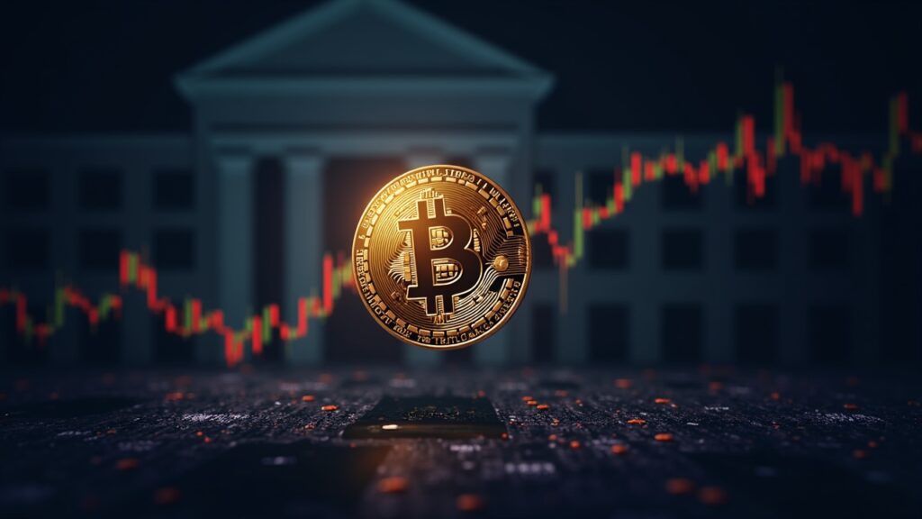 Bitcoin aims for a historic monthly close surpassing $115,750 dollars this week Bitcoin coin in the center with an ascending chart, the Fed symbol in the background and a digital map of liquidity clusters.