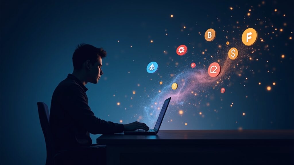 Silhouette of a crypto journalist at a desk, meme coin logos dissolving into ETH and Uniswap, downward liquidity chart.