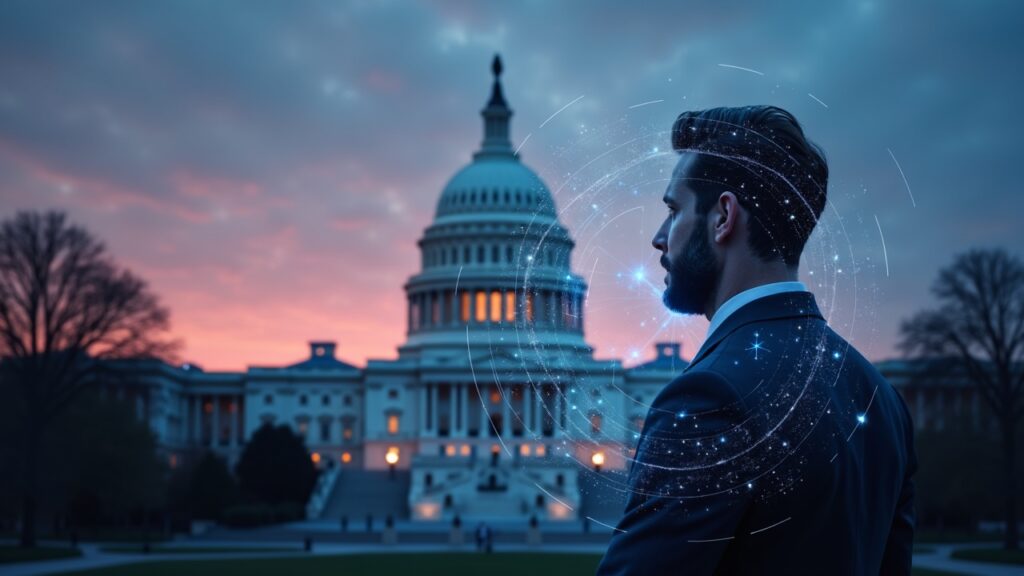 U.S. senators push to finalize crypto market bill amid worsening shutdown stalemate Facade of the U.S. Capitol at sunset, a silhouette in profile and blockchain nodes surrounding the dome, indicating regulation.