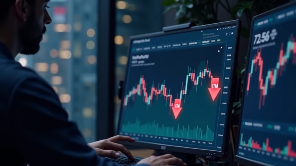 Cardano (ADA) on alert: Long-term holders register their first significant losses in three months Photorealistic trader in a modern newsroom, Cardano logo on a dashboard with red down arrows, signaling LTH losses and price pressure in DeFi.