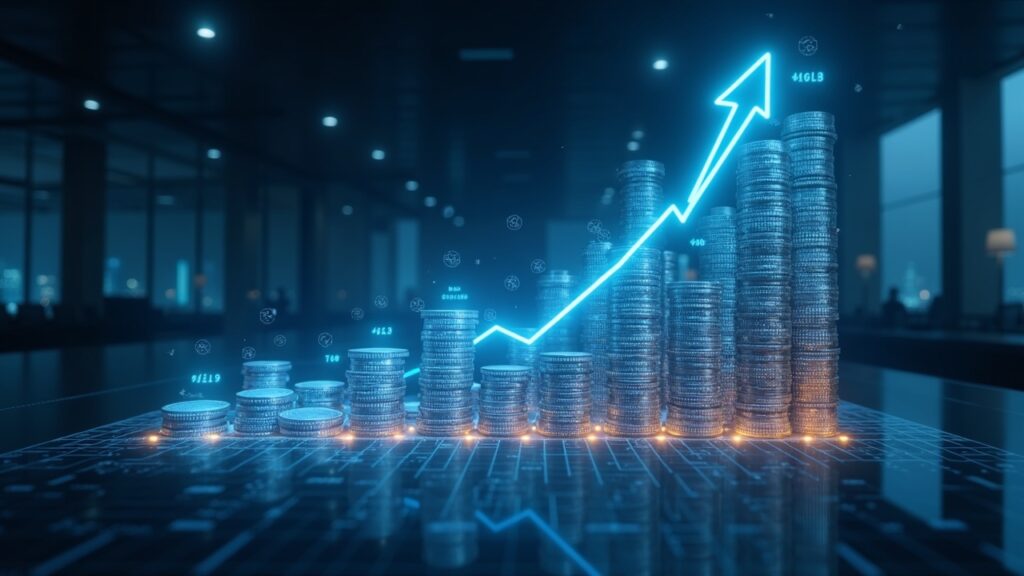 Corporate treasury room with holographic BNB charts reaching 480k tokens, indicating institutional adoption.