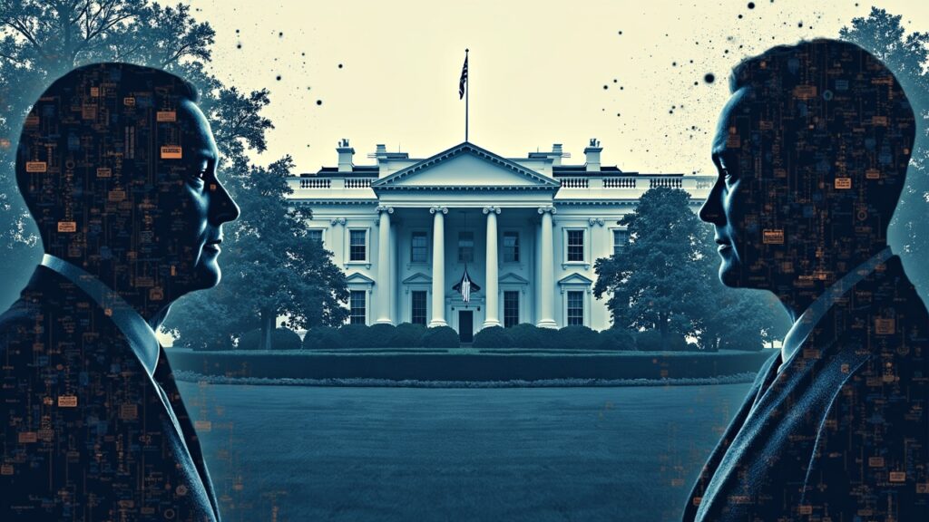 White House dissolves into circuits, alongside Gemini; BTC and derivatives charts signal the regulatory clash.