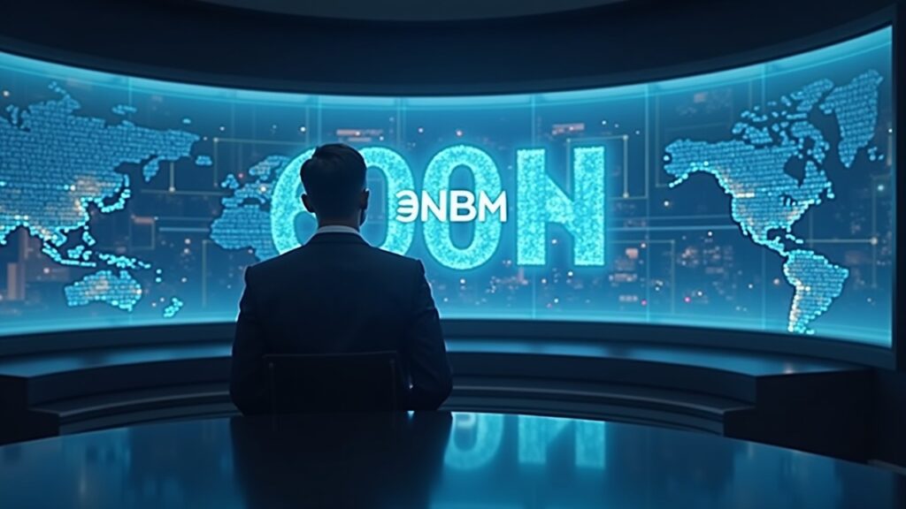 Executive in a newsroom watches a holographic screen of a $600M BNB treasury with YZi Labs branding.