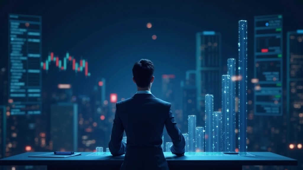 Central figure at a trading desk with dYdX and CoinRoutes logos, blockchain grid and rising liquidity.