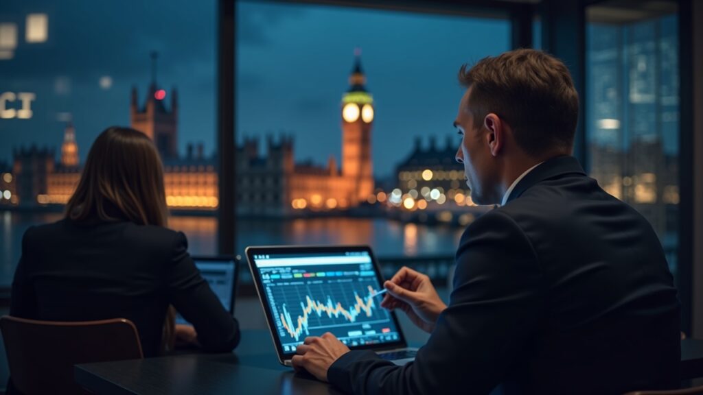 Farage warns the UK is lagging behind on crypto regulation Analyst in a news room with the British Parliament in the background, blockchain network connecting to Bitcoin and a 10% CGT note.