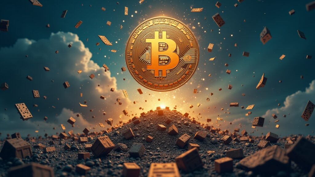 Central crypto symbol in the foreground rises above a chaotic market with arrows indicating tariffs and regulatory barriers.