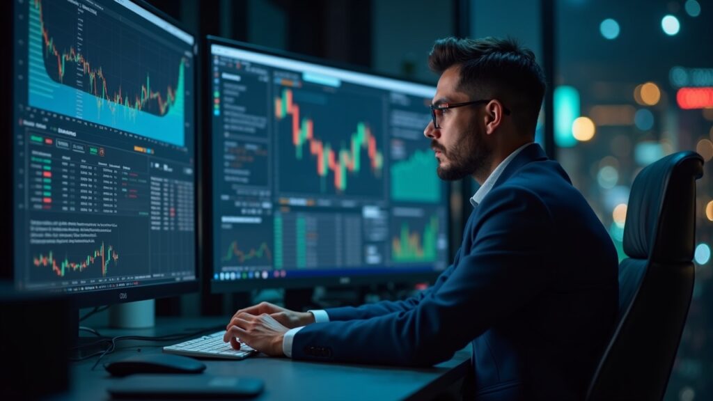 Professional investor in front of crypto and Bitcoin ETF screens, with optimism about rate cuts