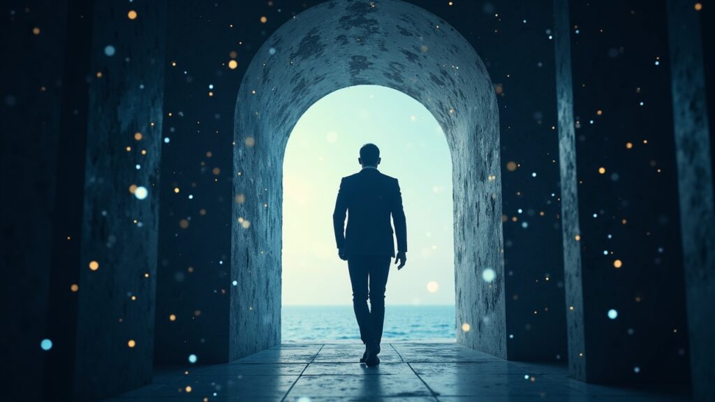 Silhouette of a crypto market maker in front of a regulatory gate, symbolizing institutional access to markets.