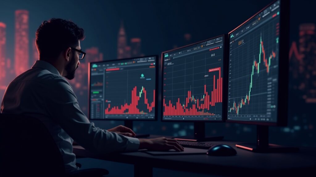 Chart of Bitcoin falling amid U.S.–China tensions, trader in front of screens and red data