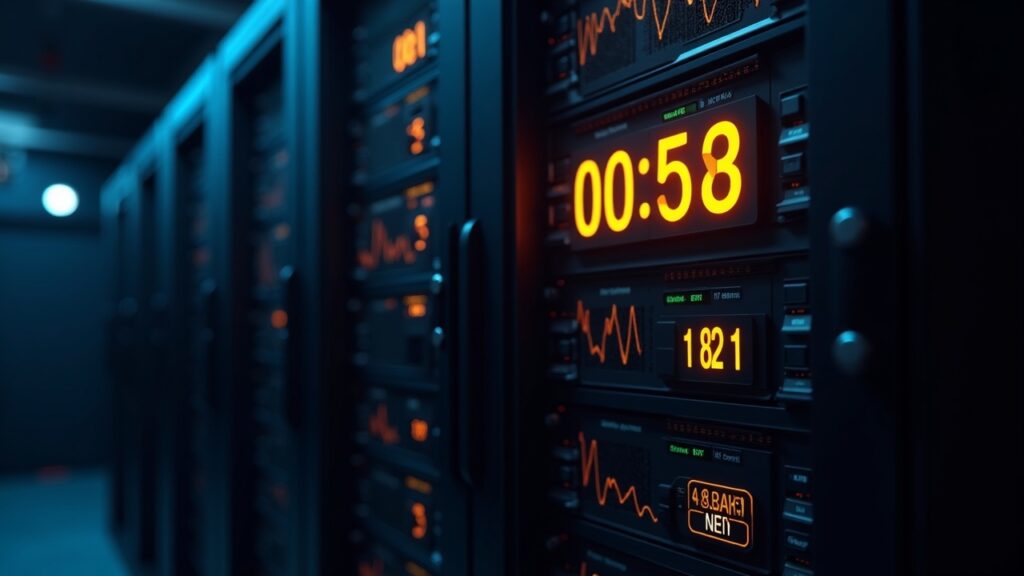 Crypto mining rig in data center, illuminated timer and timeout alert, BTC and ETH charts.