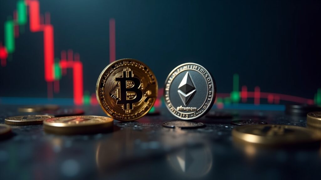 Realistic financial scene: Bitcoin >111k, Ethereum >4k and bullish chart with macro backdrop of U.S.-China tensions.