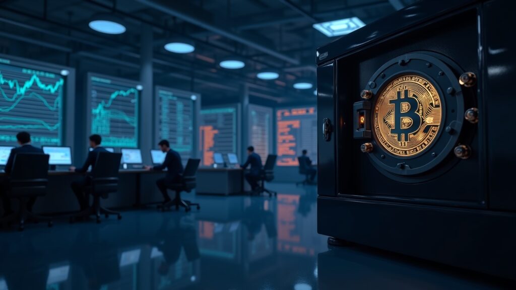 Photorealistic scene: Bitcoin custody vault on an institutional trading floor with traders and liquidity charts.