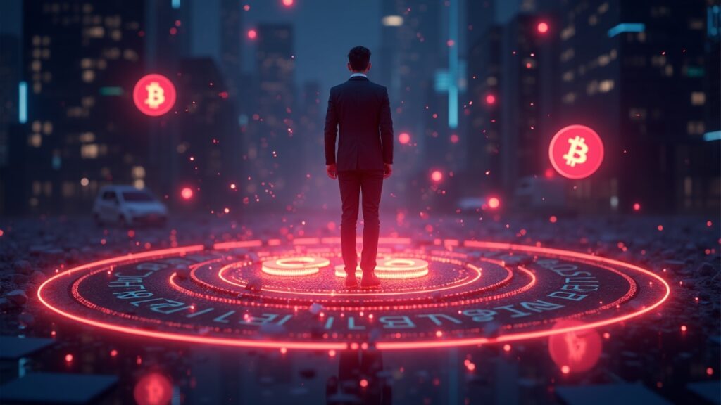 CZ in the center surrounded by BNB tokens and orbiting DeFi icons; regulators in the background and neon stay SAFU.