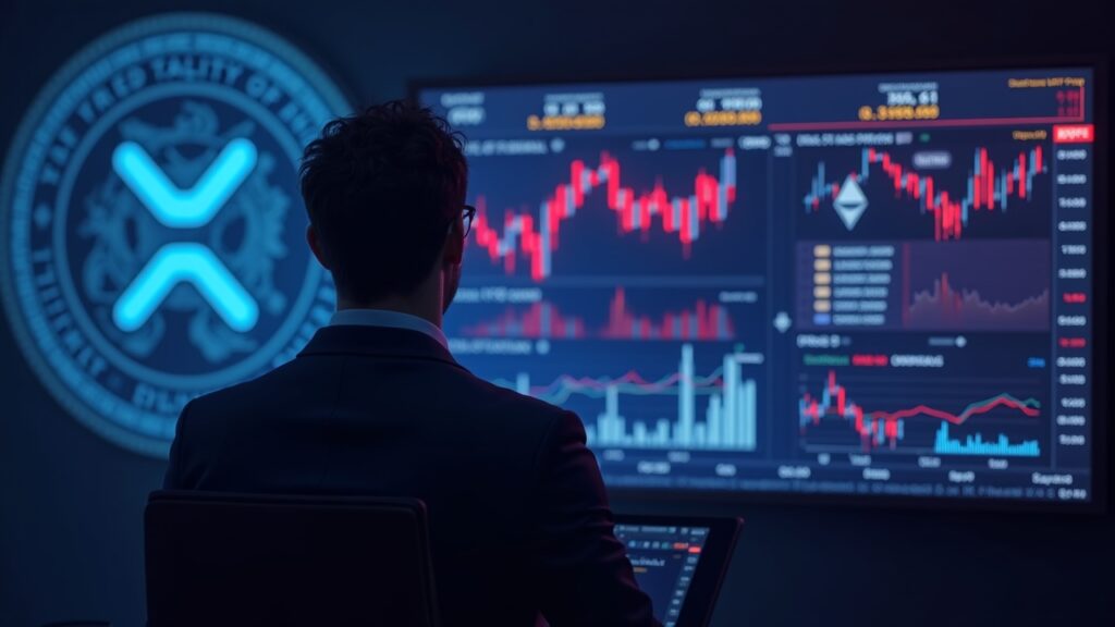 Photorealistic trader in front of a neon crypto dashboard with XRP, ETH and ADA; error icon and Fed seal.