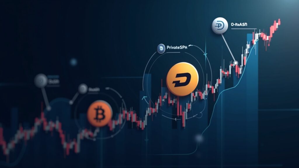 Dash logo over ascending chart, PrivateSend and Dash Pay icons orbiting; high RSI and BTC dominance, rally and correction.