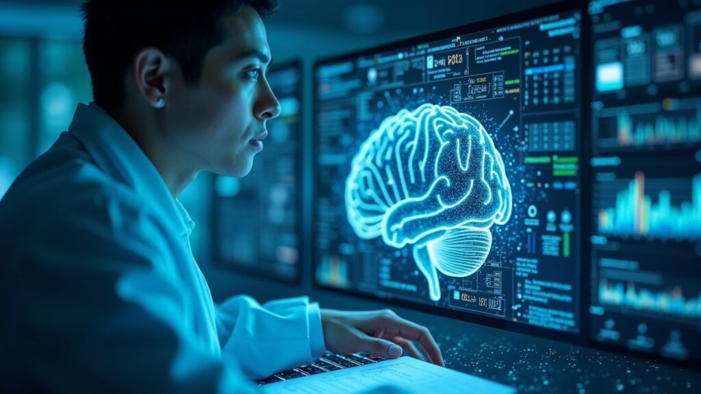 Close-up of data scientist at console, AI brain with data flows and blockchain icons.