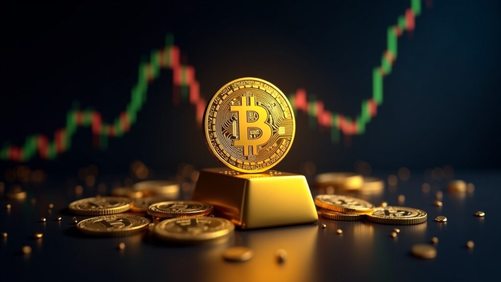 Photorealistic header: Bitcoin symbol merged with a gold bar, upward-trending charts and ETF logos in the background.