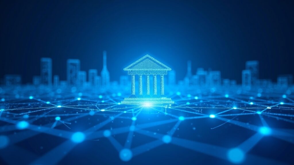 Facade of a traditional bank dissolves into a luminous blockchain network; tokenized assets flow toward a DeFi hub.