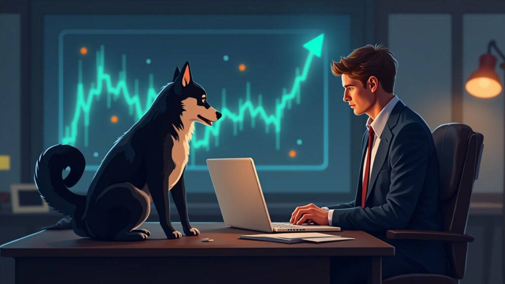 Analyst with 33,000 Followers Asserts DOGE Will Reach $1 This Cycle Analyst in a news room watches an upward chart and a dog silhouette, emphasizing the Dogecoin 2025 HODL narrative.
